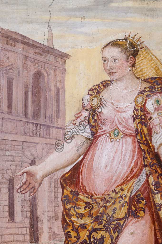 Thiene, Villa Porto Colleoni (conosciuta anche come Castello di Thiene), Camerone: "La clemenza di Scipione, affreschi di Giovanni Antonio Fasolo (ca. 1560-1565). Particolare con figura femminile.