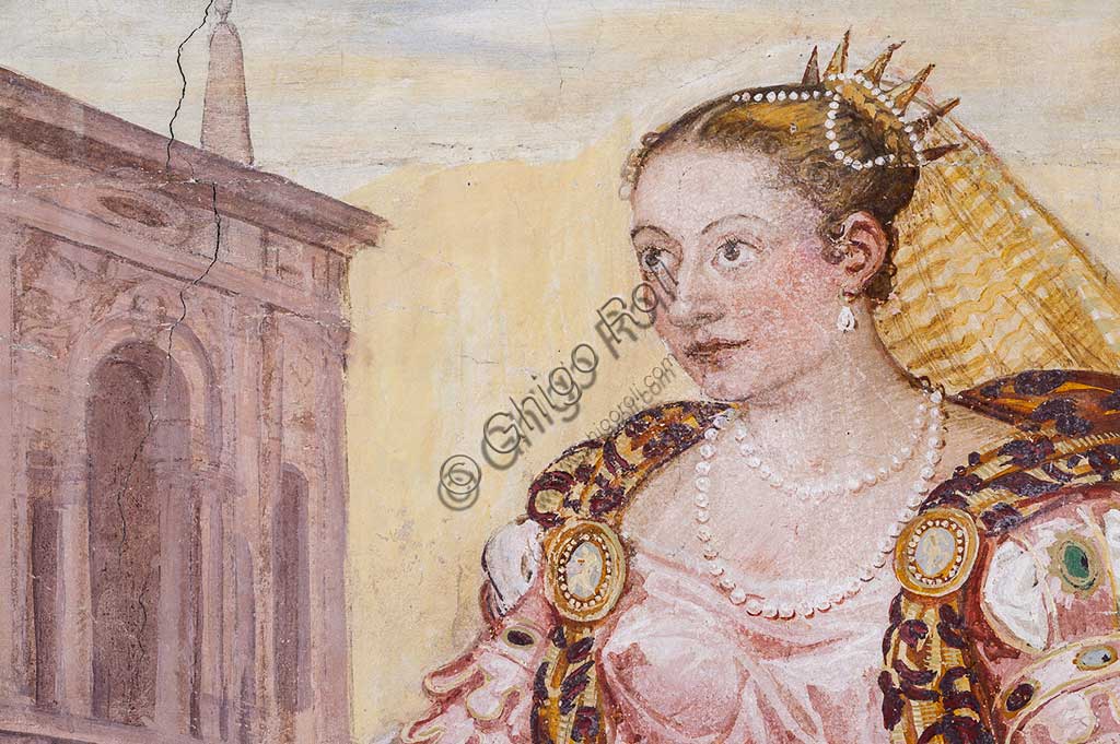 Thiene, Villa Porto Colleoni (conosciuta anche come Castello di Thiene), Camerone: "La clemenza di Scipione, affreschi di Giovanni Antonio Fasolo (ca. 1560-1565). Particolare con figura femminile.