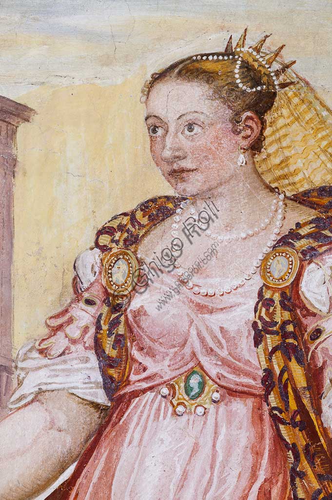 Thiene, Villa Porto Colleoni (conosciuta anche come Castello di Thiene), Camerone: "La clemenza di Scipione, affreschi di Giovanni Antonio Fasolo (ca. 1560-1565). Particolare con figura femminile.
