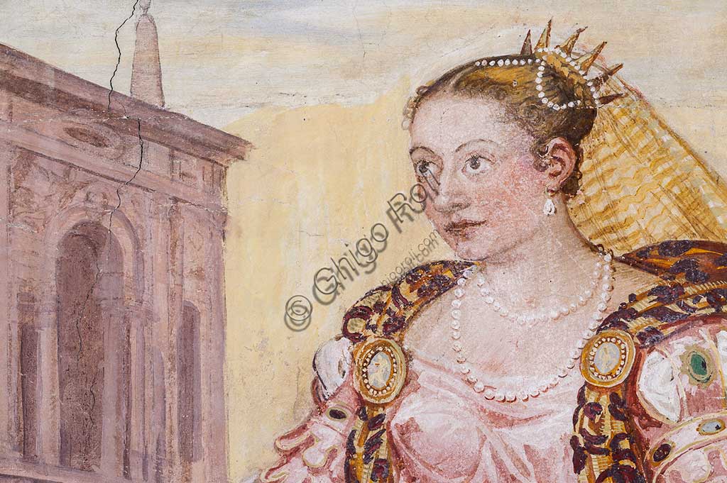 Thiene, Villa Porto Colleoni (also known as Castle in Thiene), Camerone: "The Clemency of Scipio", frescoes by Giovanni Antonio Fasolo (c. 1560-1565). Detail with female figure.