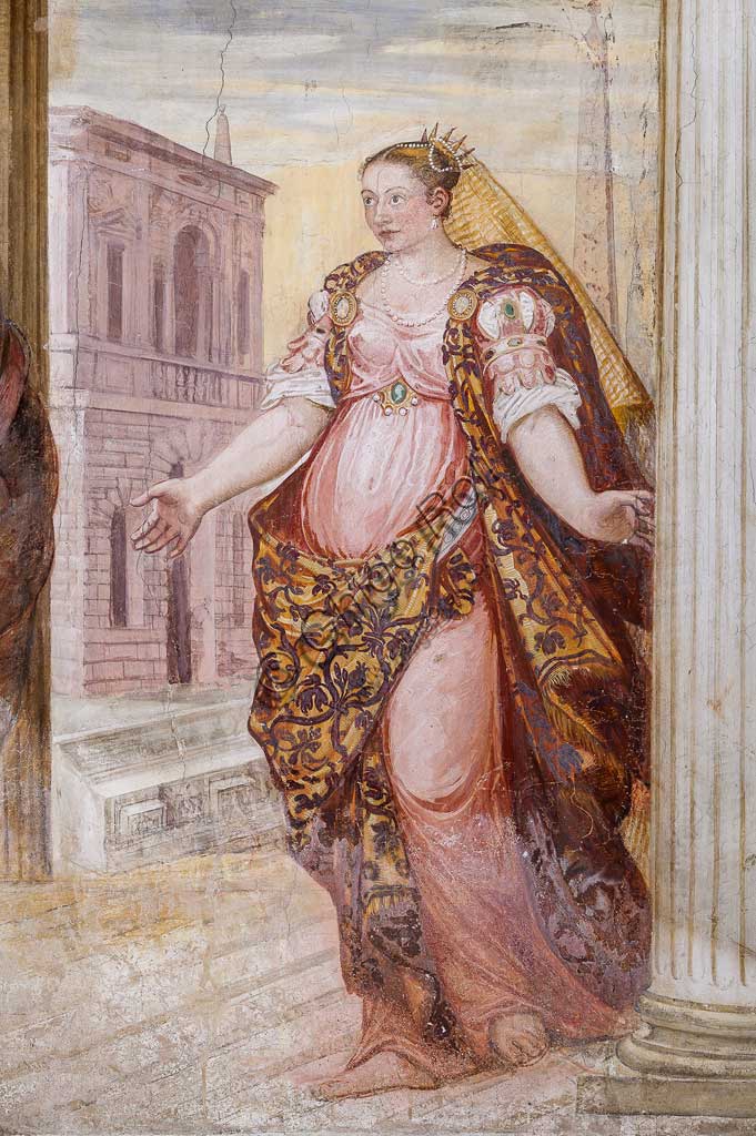 Thiene, Villa Porto Colleoni (conosciuta anche come Castello di Thiene), Camerone: "La clemenza di Scipione, affreschi di Giovanni Antonio Fasolo (ca. 1560-1565). Particolare con figura femminile.