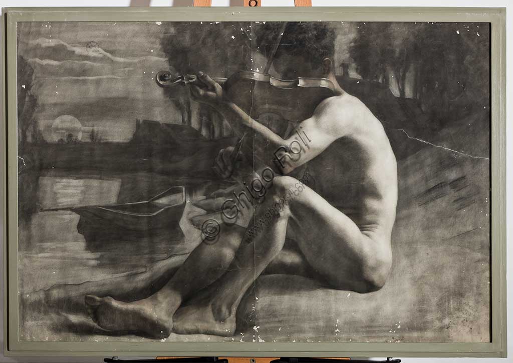Assicoop - Unipol Collection: Gaetano Bellei (1857 - 1922); "Male Figure, Nude"; charcoal, cm. 79 x 118.