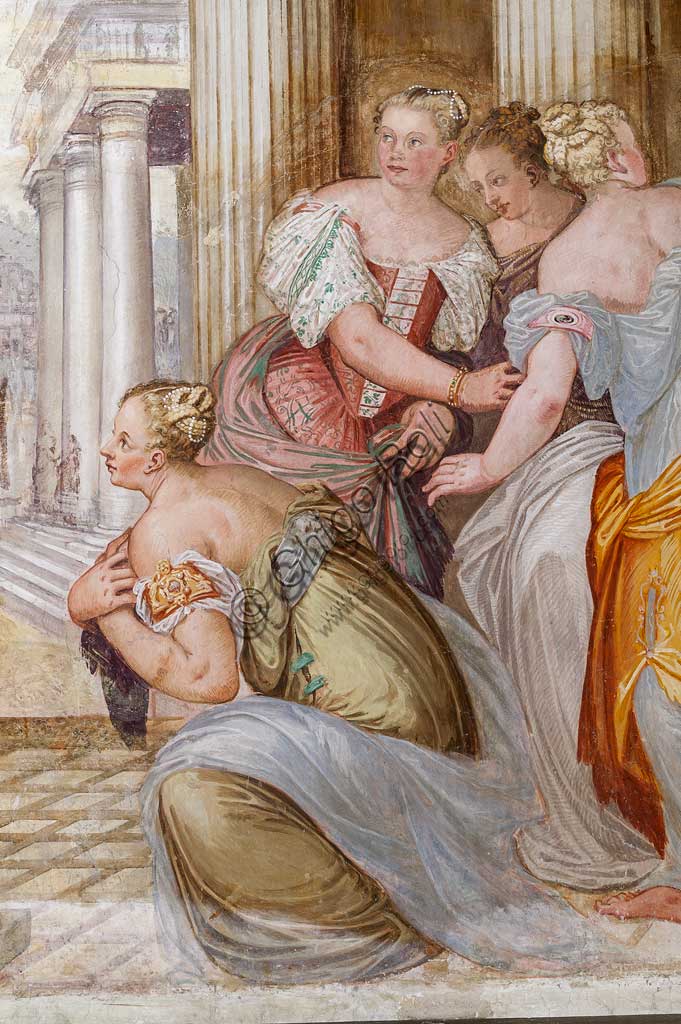 Thiene, Villa Porto Colleoni (conosciuta anche come Castello di Thiene), Camerone: "La clemenza di Scipione, affreschi di Giovanni Antonio Fasolo (ca. 1560-1565). Particolare con figure femminili.