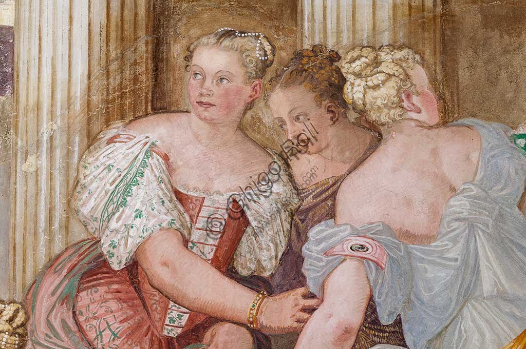Thiene, Villa Porto Colleoni (conosciuta anche come Castello di Thiene), Camerone: "La clemenza di Scipione, affreschi di Giovanni Antonio Fasolo (ca. 1560-1565). Particolare con figure femminili.