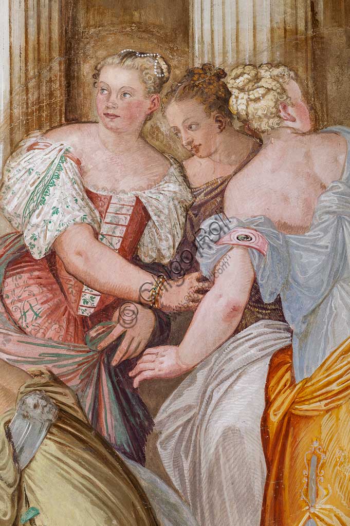 Thiene, Villa Porto Colleoni (conosciuta anche come Castello di Thiene), Camerone: "La clemenza di Scipione, affreschi di Giovanni Antonio Fasolo (ca. 1560-1565). Particolare con figure femminili.