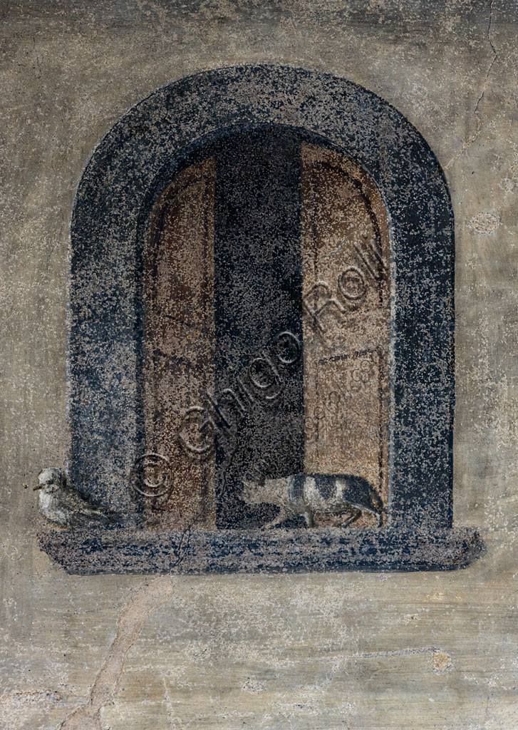 “Miracolo del Sacramento”, affresco di Cosimo Rosselli (1484- 1488): particolare di finestra con gatto che punta a un uccello.Firenze, Chiesa di S. Ambrogio, cappella del Miracolo del Sacramento.