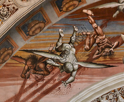  Orvieto,  Basilica Cathedral of Santa Maria Assunta (or Duomo), the interior, Chapel Nova or St. Brizio Chapel, northern wall: "Pandemonium" fresco by Luca Signorelli, (1500 - 1502). Detail. On the left the supernatural events begin, while in the distance wars and murders multiply. It deals with the arrival of monstrous winged demons, from whose hands and mouths a fiery rain is emitted that invests a multitude of terrified people, who is pouring on the stalls outside the border of the painted arch. Particularly effective and well preserved is the tangle of seven young men in the foreground, with flashy clothes, dead or in the act of succumbing, followed by two mothers with their children and a group of young and old.