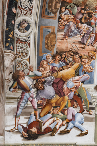 Orvieto,  Basilica Cathedral of Santa Maria Assunta (or Duomo), the interior, Chapel Nova or St. Brizio Chapel, northern wall: "Pandemonium" fresco by Luca Signorelli, (1500 - 1502). Detail. On the left the supernatural events begin, while in the distance wars and murders multiply. It deals with the arrival of monstrous winged demons, from whose hands and mouths a fiery rain is emitted that invests a multitude of terrified people, who is pouring on the stalls outside the border of the painted arch. Particularly effective and well preserved is the tangle of seven young men in the foreground, with flashy clothes, dead or in the act of succumbing, followed by two mothers with their children and a group of young and old.
