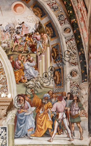  Orvieto,  Basilica Cathedral of Santa Maria Assunta (or Duomo), the interior, Chapel Nova or St. Brizio Chapel, northern wall: "Pandemonium" fresco by Luca Signorelli, (1500 - 1502). Detail. In the lower right corner, in the foreground, the Eritrean Sibyl reads her prophetic book together with the prophet David, noting the truth of the predictions at the advent of the Dies Irae. Behind them an earthquake causes a temple to collapse and the brigands triumph in anarchy, stripping three young men. More in the distance, a biblical tsunami arrives to lift the ships on the waves, which are about to threaten the city; in the sky the sun and the moon are ominously darkened.