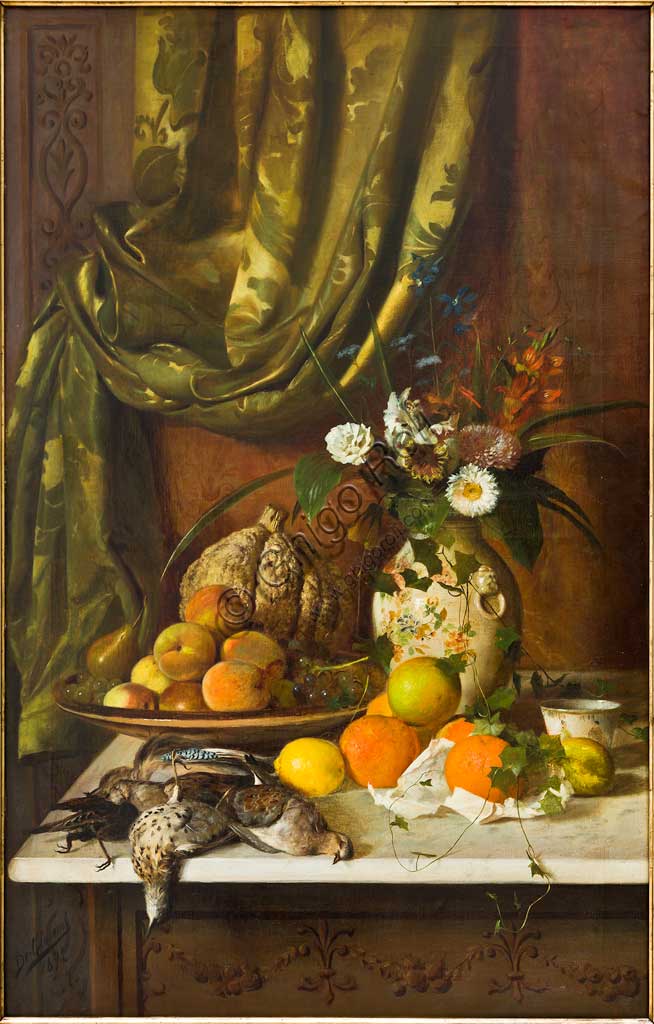 Assicoop - Unipol Collection:  Eugenio De Giacomi (1852-1917); "Flowers, Fruit and Game"; oil on canvas; 120 x 75 cm.