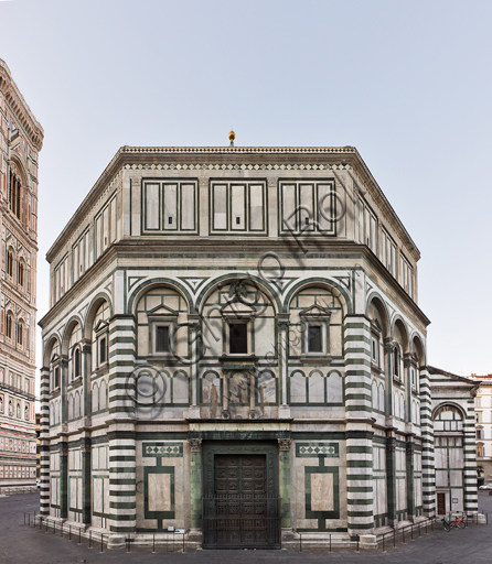 Florence, the Baptistery of St. John, exterior: the Northern façade in Carrara white marble and green Prato marble with the door by Lorenzo Ghiberti.