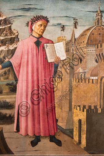 Firenze, Cattedrale di Santa Maria del Fiore (Duomo):“La Divina Commedia illumina Firenze”, conosciuto anche come “La Divina Commedia di Dante Alighieri”. Affresco di Domenico di Michelino (1465), su disegno di Alessio Baldovinetti, Particolare con la collina del Purgatorio.