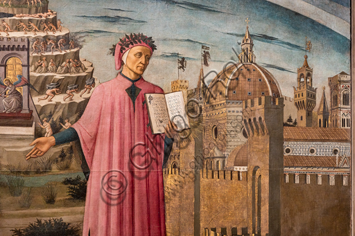 Firenze, Cattedrale di Santa Maria del Fiore (Duomo):“La Divina Commedia illumina Firenze”, conosciuto anche come “La Divina Commedia di Dante Alighieri”. Affresco di Domenico di Michelino (1465), su disegno di Alessio Baldovinetti, A destra, veduta di Firenze, come allegoria del Paradiso; è una delle prime vedute con la cupola del duomo completata. Al centro, Dante che regge il libro con l’incipit della Divina Commedia. A sinistra, la collina del Purgatorio e l’Inferno.