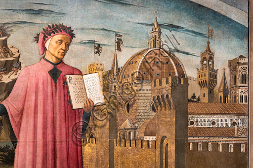 Firenze, Cattedrale di Santa Maria del Fiore (Duomo):“La Divina Commedia illumina Firenze”, conosciuto anche come “La Divina Commedia di Dante Alighieri”. Affresco di Domenico di Michelino (1465), su disegno di Alessio Baldovinetti, A destra, veduta di Firenze, come allegoria del Paradiso; è una delle prime vedute con la cupola del duomo completata. Al centro, Dante che regge il libro con l’incipit della Divina Commedia. Particolare. 