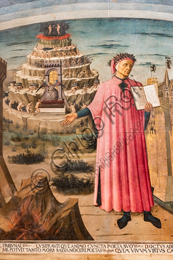 Firenze, Cattedrale di Santa Maria del Fiore (Duomo):“La Divina Commedia illumina Firenze”, conosciuto anche come “La Divina Commedia di Dante Alighieri”. Affresco di Domenico di Michelino (1465), su disegno di Alessio Baldovinetti, Particolare con la collina del Purgatorio.