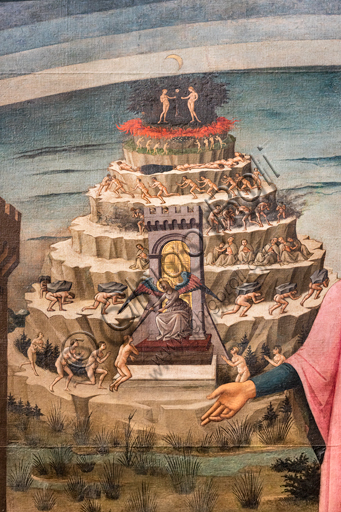 Firenze, Cattedrale di Santa Maria del Fiore (Duomo):“La Divina Commedia illumina Firenze”, conosciuto anche come “La Divina Commedia di Dante Alighieri”. Affresco di Domenico di Michelino (1465), su disegno di Alessio Baldovinetti, Particolare con la collina del Purgatorio.