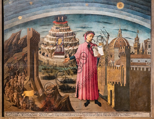 Firenze, Cattedrale di Santa Maria del Fiore (Duomo):“La Divina Commedia illumina Firenze”, conosciuto anche come “La Divina Commedia di Dante Alighieri”. Affresco di Domenico di Michelino (1465), su disegno di Alessio Baldovinetti, A destra, veduta di Firenze, come allegoria del Paradiso; è una delle prime vedute con la cupola del duomo completata. Al centro, Dante che regge il libro con l’incipit della Divina Commedia. A sinistra, la collina del Purgatorio e l’Inferno.