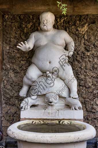   Florence, Boboli Gardens: copy of the fountain of Bacchino which represents the fat dwarf Morgante, who was the most popular dwarf at the court of Cosimo I Medici. The dwarf was portrayed naked and riding a tortoise by Valerio Cioli (1560).