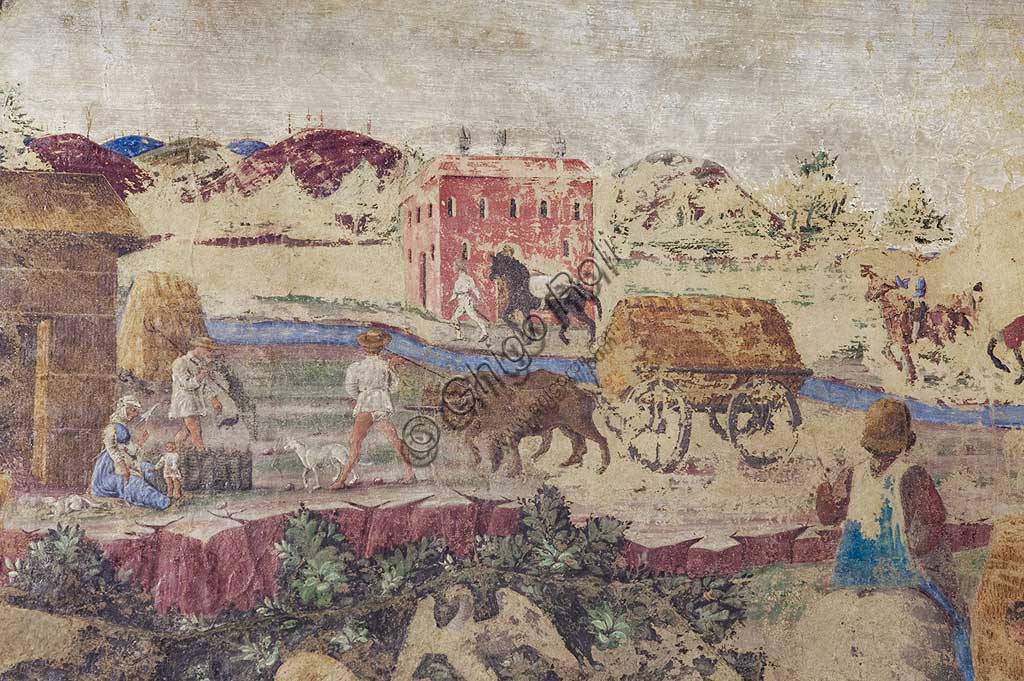 Ferrara, Palazzo Schifanoia, Salone dei Mesi, Fascia inferiore degli affreschi: Scene di vita della corte di Borso D'Este,  su progetto di Cosmé Tura e realizzato da pittori di scuola ferrarese, circa 1468 - 1470.  Particolare con fiume e scena di campagna.