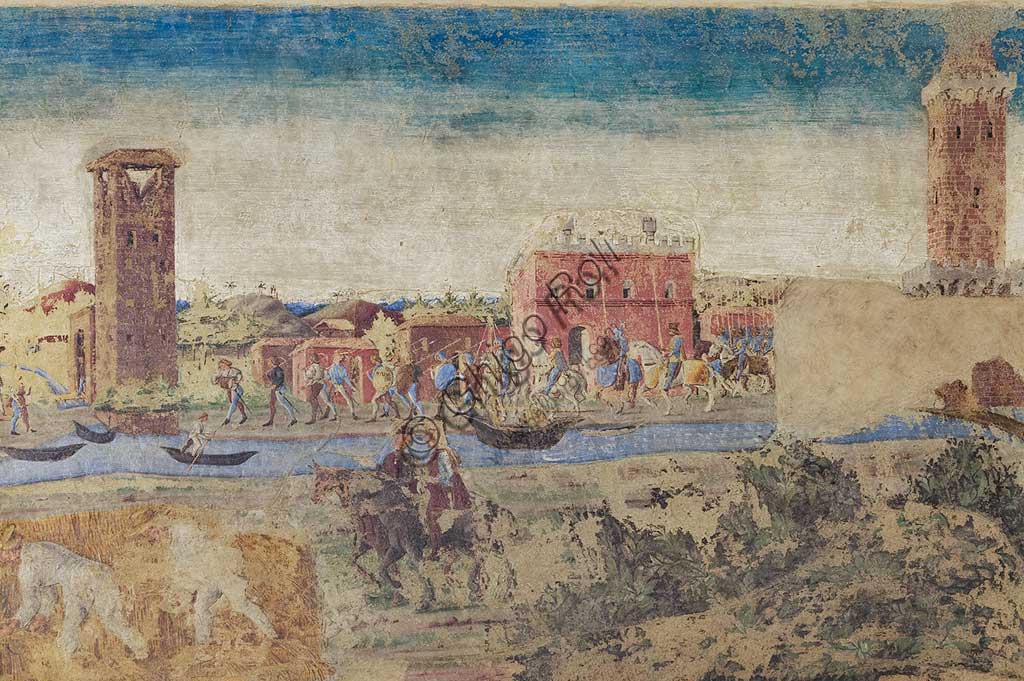 Ferrara, Palazzo Schifanoia, Salone dei Mesi, Fascia inferiore degli affreschi: Scene di vita della corte di Borso D'Este,  su progetto di Cosmé Tura e realizzato da pittori di scuola ferrarese, circa 1468 - 1470.  Particolare con fiume, torri e scena di campagna.