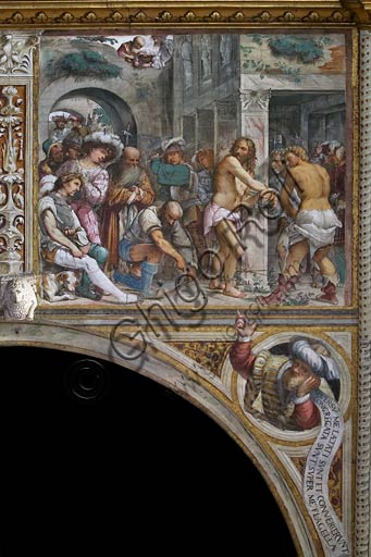 Cremona, Duomo (Cattedrale di S. Maria Assunta), interno, presbiterio, dodicesimo arcone:  "Flagellazione", affresco di Girolamo Romanino, 1519.