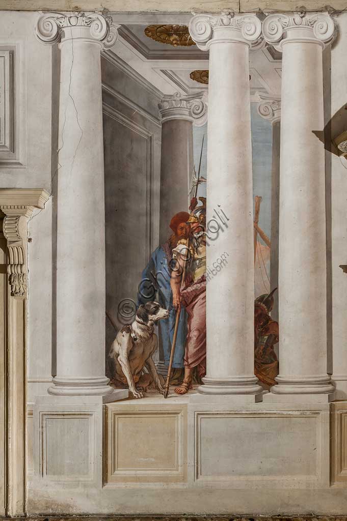 Vicenza, Villa Valmarana ai Nani, Palazzina, Atrio:  "La flotta greca in Aulide", particolare con soldato e cane.  Affresco di Giambattista Tiepolo, 1757. 