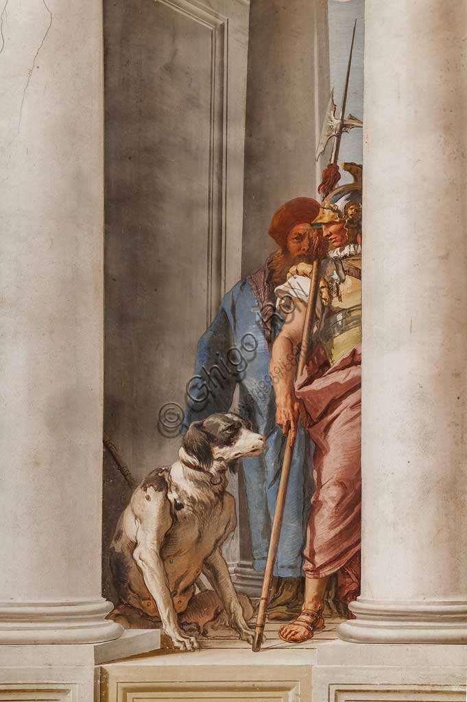 Vicenza, Villa Valmarana ai Nani, Palazzina, Atrio:  "La flotta greca in Aulide", particolare con soldato e cane.  Affresco di Giambattista Tiepolo, 1757. 