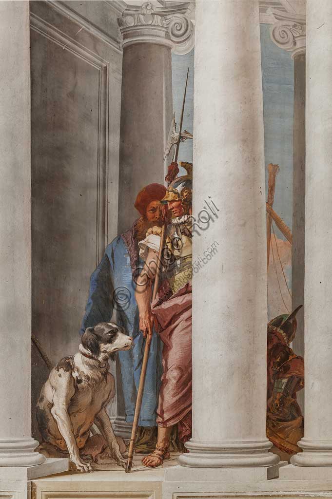 Vicenza, Villa Valmarana ai Nani, Palazzina, Atrio:  "La flotta greca in Aulide", particolare con soldato e cane.  Affresco di Giambattista Tiepolo, 1757. 