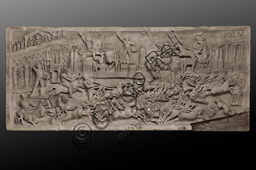  Foligno, Trinci Palace, Archaelogical Collection: slab with chariot race in the Circus Maximus of Rome (II - III century a.C).