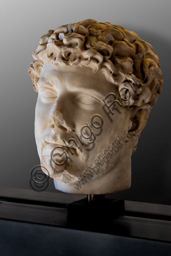  Foligno, Trinci Palace, Archaelogical Collection: one of the seven Roman heads that in the Middle Ages had been placed outside the painted Loggia to symbolize the Seven Ages of Man.  Portrait of Emperor Adrian, or the Youth (II century a.C).