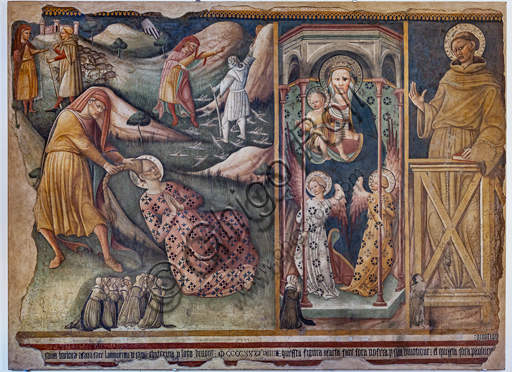 Foligno, Palazzo Trinci: Madonna di Loreto, Martirio di Santa Barbara, Santo francescano e committenti, di Bartolomeo di Tommaso, affresco staccato, 1449. 