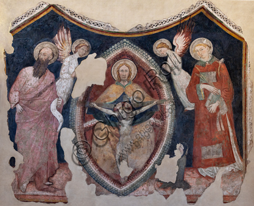  Foligno, Trinci Palace: Trinity inside vesica piscis, St Paul, St. Stephen, two angels and worshipper, detached fresco, end XIV century.