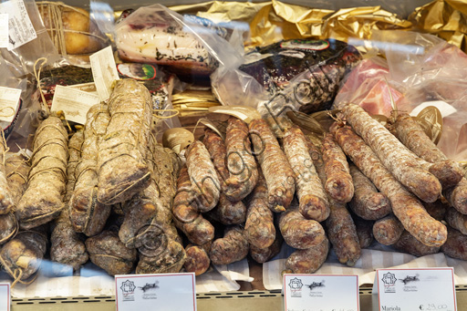 Fontanellato, Labirinto della Masone, by Franco Maria Ricci, la Bottega (shop of typical products): salami.