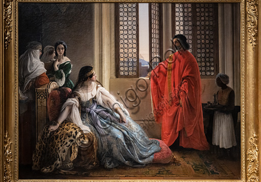 Francesco Hayez: "Giorgio Cornaro inviato a Cipro dalla Repubblica Veneta fa conoscere alla regina Caterina Cornaro, sua parente, ch’ella non è più padrona del suo regno, poiché lo stendardo del Leone sventola già sulla fortezza dell’isola"; dipinto a olio, 1842.