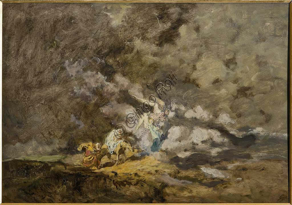 Collezione Assicoop / Unipol : Giuseppe Graziosi (1879-1942), "Fuga in Egitto". Olio su compensato, cm 49,5 x 74.