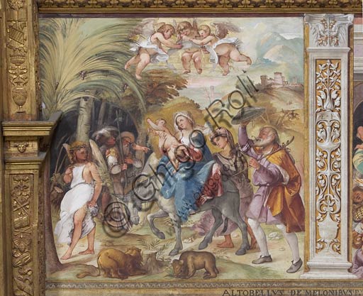 Cremona, Duomo (Cattedrale di S. Maria Assunta), interno, presbiterio, settimo arcone: "Fuga in Egitto", affresco di Altobello Melone, 1517.