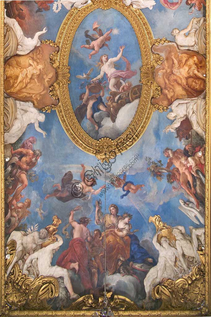 Torino, Palazzo Reale, "Galleria del Daniel", la volta con "Apoteosi di un eroe (Vittorio Amedeo II)":  particolare meridionale con "Venere sul carro di Trionfo" e, in basso, "Pace, Giustizia e Abbondanza". Affreschi di Daniel Seiter (1690 - 1694).