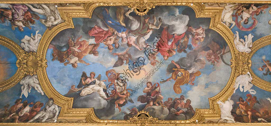 Torino, Palazzo Reale, "Galleria del Daniel", la volta con "Apoteosi di un eroe (Vittorio Amedeo II)": particolare centrale con "Udienza di un giovane eroe davanti a Giove". Affreschi di Daniel Seiter (1690 - 1694).