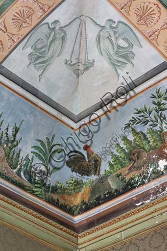 Palermo, Palazzo Reale o Palazzo dei Normanni, Appartamento Reale, Sala   degli Uccell, volta affrescata: dettaglio con gallo e piante.