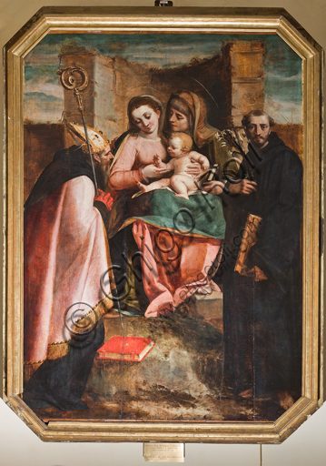 Genoa, Duomo (St. Lawrence Cathedral), inside, Baptistery (formerly Church of St. John the Old): "Madonna and Child among St. Anne, St. Nicholas of Bari and St. Nicholas of Tolentino", by Luca Cambiaso.