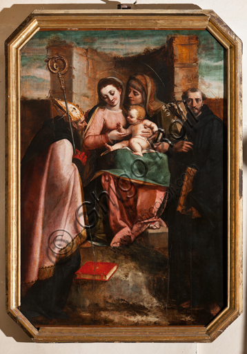 Genoa, Duomo (St. Lawrence Cathedral), inside, Baptistery (formerly Church of St. John the Old): "Madonna and Child among St. Anne, St. Nicholas of Bari and St. Nicholas of Tolentino", by Luca Cambiaso.