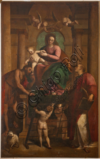 Genova, Duomo (Cattedrale di S. Lorenzo), Interno, Battistero (già Chiesa di San Giovanni il Vecchio): "Madonna con Gesù Bambino tra i Santi Giovanni Battista e Lorenzo", di Luca Cambiaso, olio su tavola, 1567.