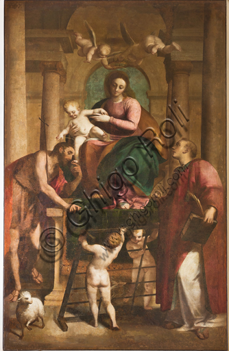 Genova, Duomo (Cattedrale di S. Lorenzo), Interno, Battistero (già Chiesa di San Giovanni il Vecchio): "Madonna con Gesù Bambino tra i Santi Giovanni Battista e Lorenzo", di Luca Cambiaso, olio su tavola, 1567.