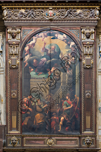 Genoa, Duomo (St. Lawrence Cathedral), inside, Cybo chapel (northern arm of the transept), pipe organ by Gaspare Forlani, closed cases: "King David dances and plays the harp before the Ark of the Covenant", painting by Giulio Benso in 1633-6.