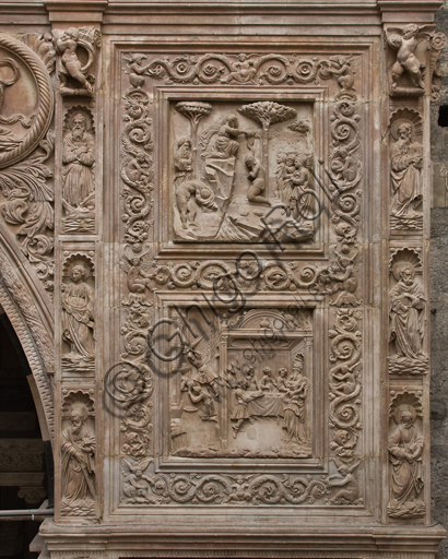 Genoa, Duomo (St. Lawrence Cathedral), inside, Chapel of St. John the Baptist, the front elevation: tiles with episodes of the life of Saint John the Baptist (Baptism of Christ, Beheading of St. John the Baptist and Banquet of King Herod with Salome), sculptural reliefs by Domenico, Elia and Giovanni Gagini (c. 1448-1450).