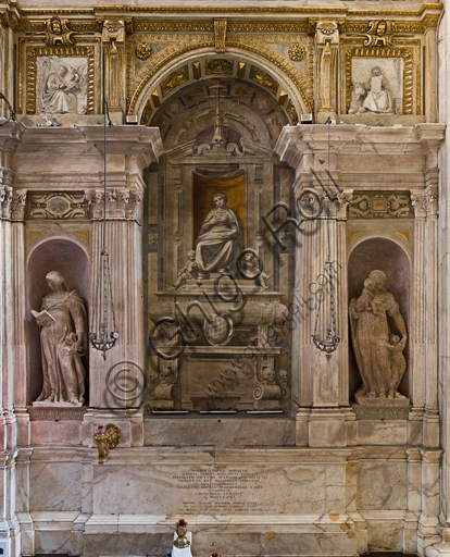 , Genoa, Duomo (St. Lawrence Cathedral), inside, The Lercari Chapel or The Chapel of the Blessed Sacrament (Northern apse),  Southern side: "The Funerary Monument of Costanza De Marini,who was  Franco Lercari's wife", by Luca Cambiaso, after 1569.