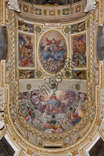 , Genoa, Duomo (St. Lawrence Cathedral), inside, The Lercari Chapel or The Chapel of the Blessed Sacrament (Northern apse), vault and apse: "frescoes by Giovanni Battista Castello known as Bergamasco", 1564-7. In the vault: "Coronation of the Virgin" and in the apse ceiling "Assumption of the Virgin".