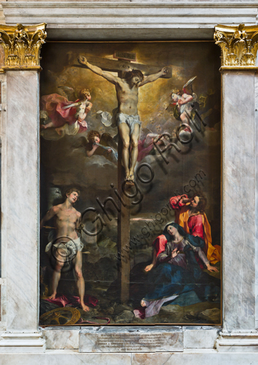 Genova, Duomo (Cattedrale di S. Lorenzo),  interno, Cappella Senarega o di Nostra Signora del Soccorso (abside meridionale): "Crocifissione di Gesù Cristo con S. Sebastiano, Maria e S. Giovanni", di Federico Barocci (1596).