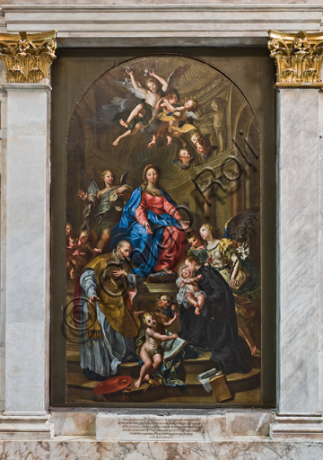 Genoa, Duomo (St. Lawrence Cathedral), inside, Senarega or Our Lady of Relief Chapel (southern apse): "Madonna enthroned between angels,  St. Stanislas Kotska e St. Francis Borgia", by Lorenzo De Ferrari (1731).