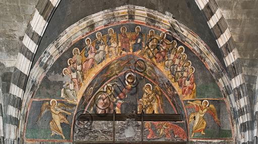 , Genoa, Duomo (St. Lawrence Cathedral), inside, endonarthex: "Christ enthroned between angels bearing the symbols of Passion; Angels sounding the last trump; Seraphim; Cherubin; The river of fire sweeps away the damned, Déesis", about 1312, by Byzantine master.